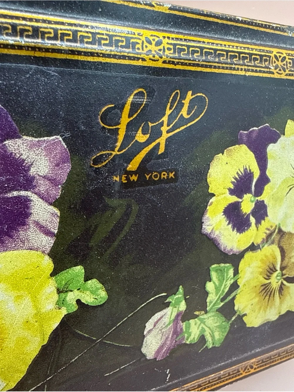 Antique Advertisement Tin Chocolate Candy Box Pansy Flowers LOFT NY Flip Top Lid
